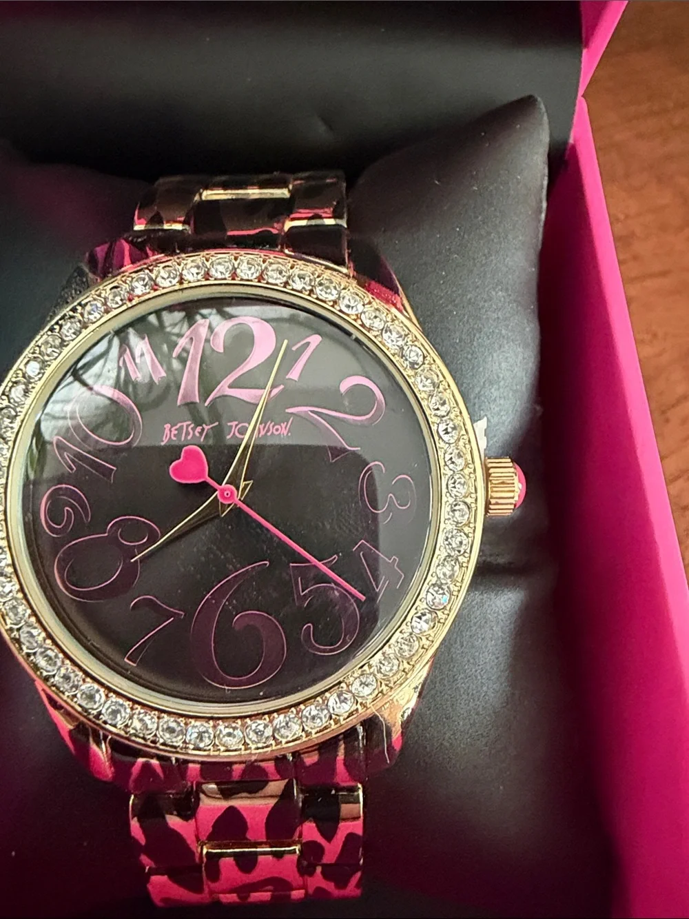 Betsey Johnson Gold Tone Watch with Pink Leopard Accents